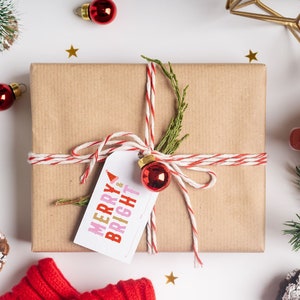 Merry & Bright Geschenkanhänger Editierbarer Weihnachts-Tag Feiertags-Tags Canva-Vorlage Weihnachts-Tag Herunterladbarer Weihnachts-Tag Merry and Bright