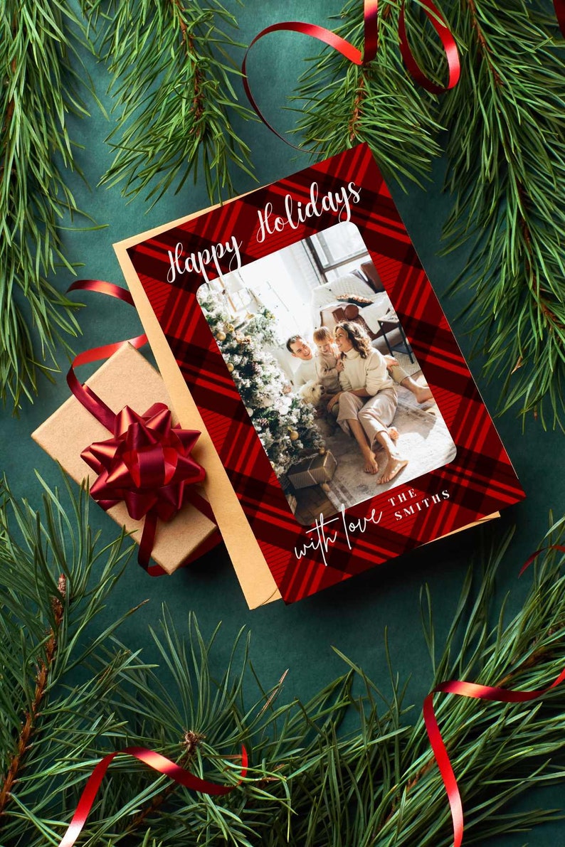 Red Plaid Holiday Card Happy Holidays Card Christmas Card Family