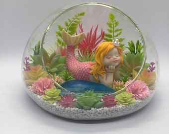 Mermaid Terrarium Kit - Artificial Succulent Terrarium - 7” Glass Dome Terrarium - Mermaid Figurine - Kit