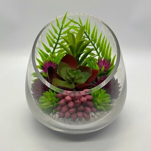 Künstliches Sukkulenten-Terrarium-Set – kleines 12,7 cm großes, schräg geschnittenes Tropfenglas-Terrarium – Sukkulenten-Garten – Set