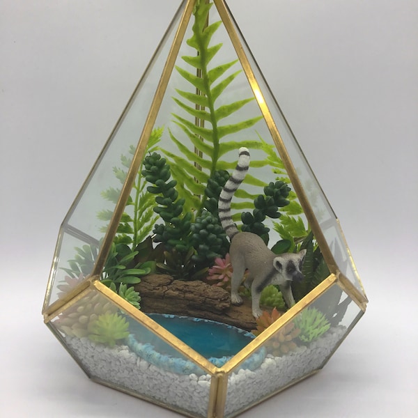 Lemur Terrarium - Artificial Succulent Terrarium Kit - 8” Gold Geometric Terrarium - Succulent Garden - Terrarium Kit - Home, Office Decor