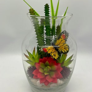 Artificial Succulent Butterfly Terrarium Kit - 7” Glass Vase Terrarium - Succulent & Cactus Garden  - Kit