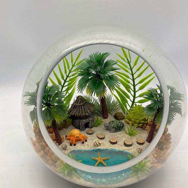 Tropical Oasis Terrarium Kit - 6” Slant Cut Round Glass Terrarium - Turtle - Palm Trees - Tiki Hut - Hermit Crab - Kit