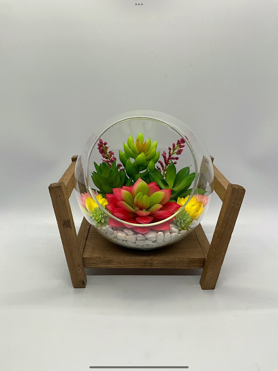 Artificial Succulent Terrarium With Wooden Stand Artificial Etsy