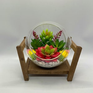 Artificial Succulent Terrarium with Wooden Stand - Artificial Succulent Terrarium Kit - Succulent Garden - Decor