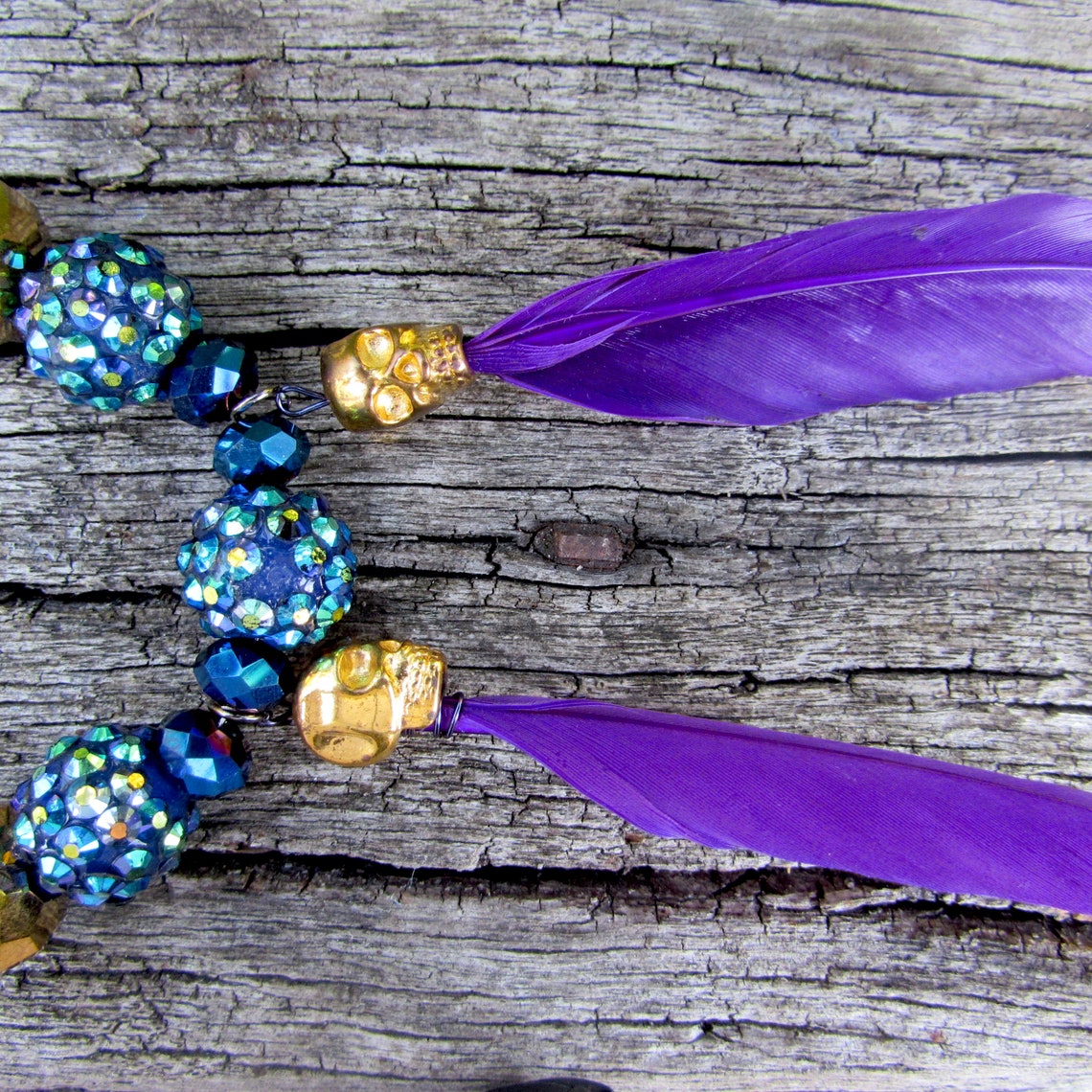 Purple Feather Gold Skull Blue Crystal Ball Beaded Necklace Etsy