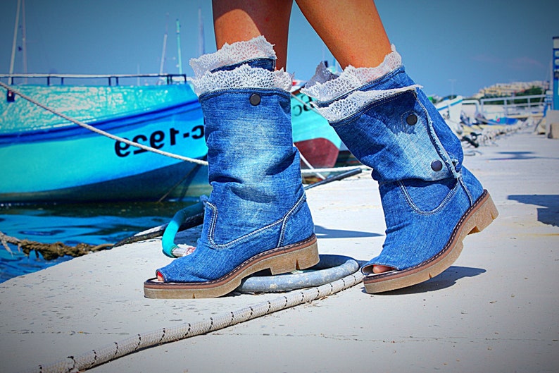 Ladies blue denim peep toe lace up knee high summer boots vegan shoes jeans boots open toe lace up vegan cotton shoes jeans summer boots