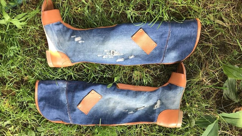Ladies blue denim jeans over knee high boots wedges denims shoes jeans boots handmade open toe lace up vegan cotton shoes linen summer boots