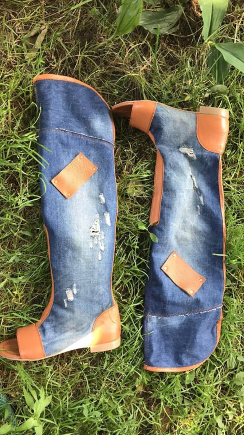 Ladies blue denim jeans over knee high boots wedges denims shoes jeans boots handmade open toe lace up vegan cotton shoes linen summer boots