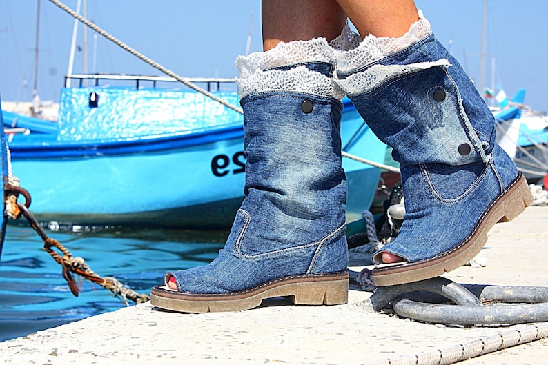 Ladies blue denim peep toe lace up knee high summer boots vegan shoes jeans boots open toe lace up vegan cotton shoes jeans summer boots