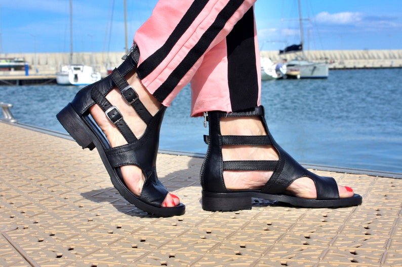 Summer genuine leather greek roman sandals peep toe belt sandals flat sandals zip close behind greek roman gladiator sandals