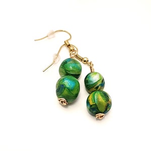 Women&#39;s Green Swirl Bead Dangle Earrings - Layers of Colors on French Hooks