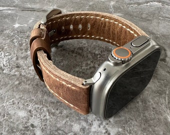 Premium Quality Thick Leather Rustic Brown Watch Strap Band For Apple Watch Ultra 1 & 2 49mm