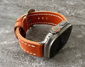 Engraved Dark Orange Leather Watch Band for Apple Watch Ultra 49mm