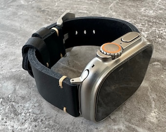 Premium Quality Thick Black Leather Watch Strap Band For NEW Apple Watch Ultra 49mm