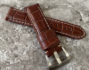Engraved Brown Croc Leather Watch Strap for Panerai 24mm
