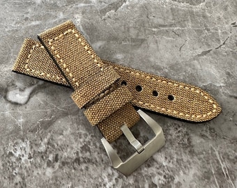 Personalised Custom Engraved Premium Quality Thick Brown Canvas Watch Strap Band Made For Watches with 24mm Lug