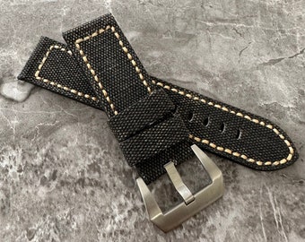 Personalized Black Canvas Watch Strap: Engraved Leather Band Made For Watches with 24mm Lug