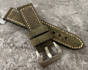 Personalized Green Canvas Watch Strap Engraved Leather Band Made For Watches with 24mm Lug