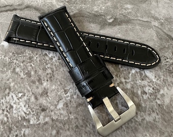 Gepersonaliseerde zwarte krokodillenleren horlogeband gemaakt voor horloges met 24 mm band
