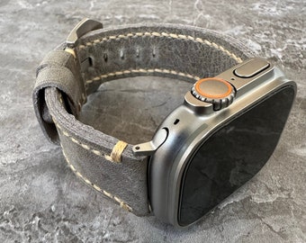 Premium Quality Thick Grey Distressed Leather Watch Strap Band For Apple Watch Ultra 49mm