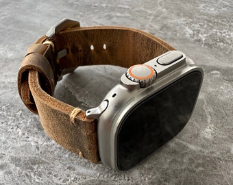 Premium Quality Thick Leather Rustic Brown Watch Strap Band For NEW Apple Watch Ultra 1 2 49mm