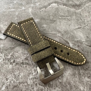Personalized Green Canvas Watch Strap: Engraved Leather Band, 24mm Lug