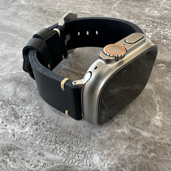 Premium-Qualität Dickes Schwarzes Leder Uhrenarmband Band Für NEUE Apple Watch Ultra 49mm