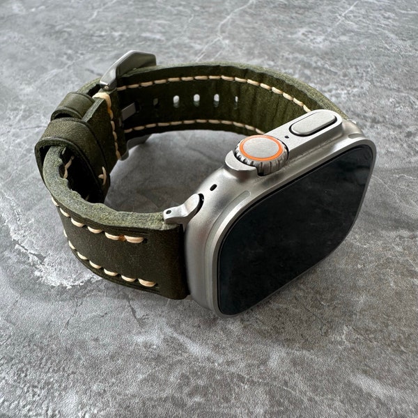 Quality Thick Olive Green Calf Leather Watch Strap Band For NEW Apple Watch Ultra 1 2 49mm