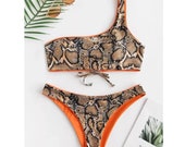 Reversible Women 39 s bikini. Snake design. 2019 Sexy beachwear orange high leg 2 piece tie up swimwear 1 strap festival holiday