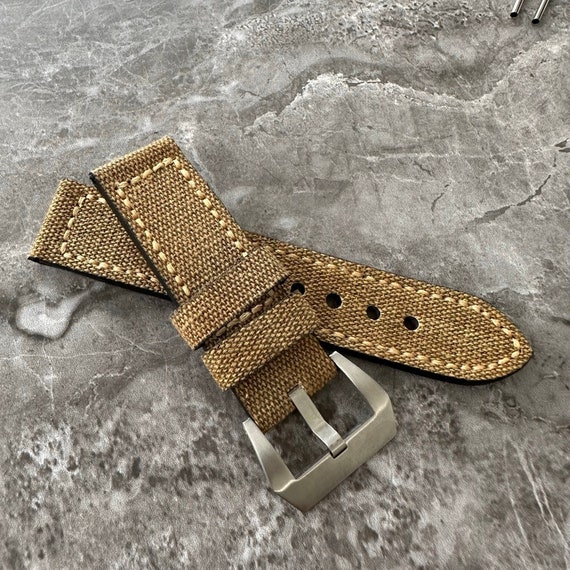 Personalised Custom Engraved Premium Quality Thick Brown Canvas Watch Strap Band Made For Watches with 24mm Lug