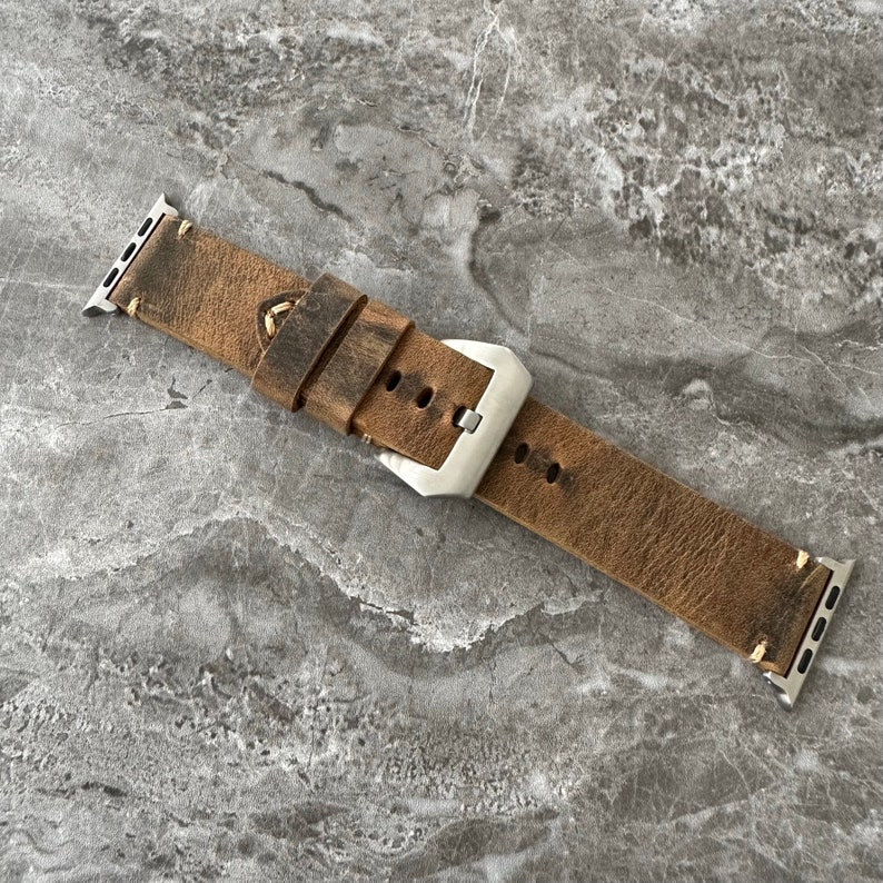 Premium Quality Thick Leather Rustic Brown Watch Strap Band For NEW Apple Watch Ultra 49mm with matching titanium adaptors. Stylish leather watch strap for your apple watch ultra. Apple watch ultra leather band.