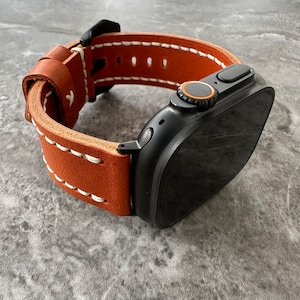 Personalised Custom Engraved Premium Quality Leather Thick Dark Orange Watch Strap Band For NEW Black Apple Watch Ultra Titanium 49mm