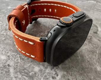 Engraved Leather Watch Band for Apple Watch Ultra 1 2 3 49mm: Dark Orange