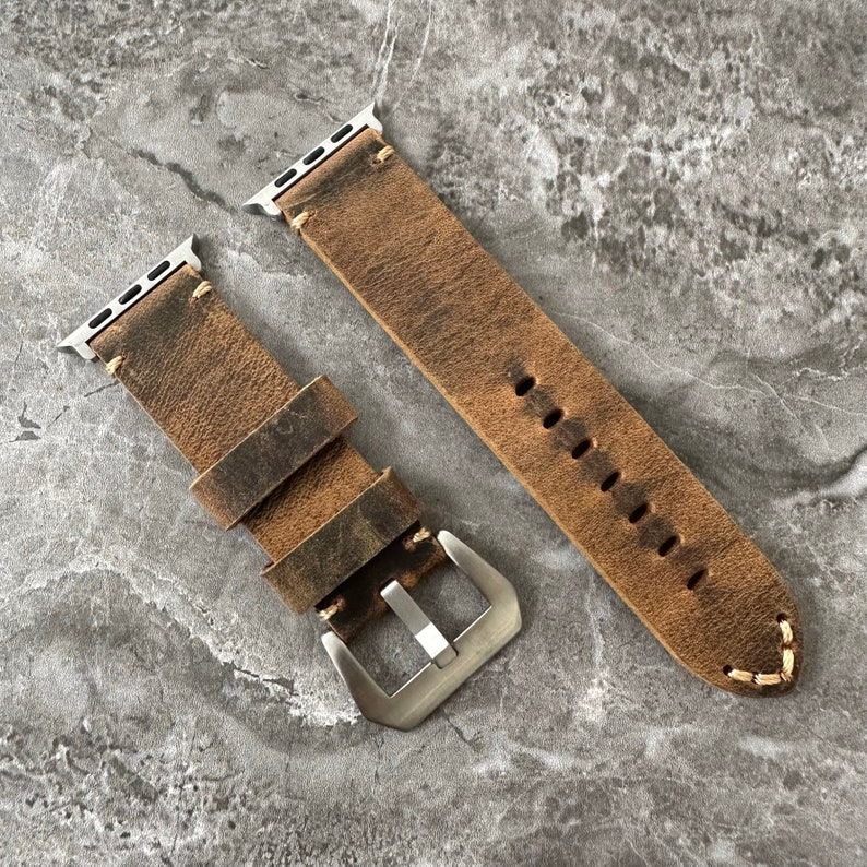 Premium Quality Thick Leather Rustic Brown Watch Strap Band For NEW Apple Watch Ultra 49mm with matching titanium adaptors. Stylish leather watch strap for your apple watch ultra. Apple watch ultra leather band.