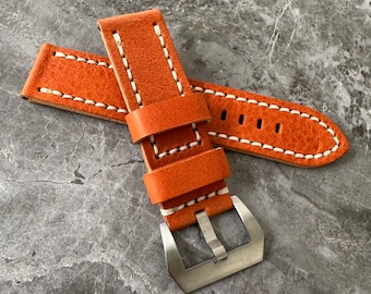 Engraved Leather Watch Strap: Dark Orange Band for Panerai, 24mm Lug