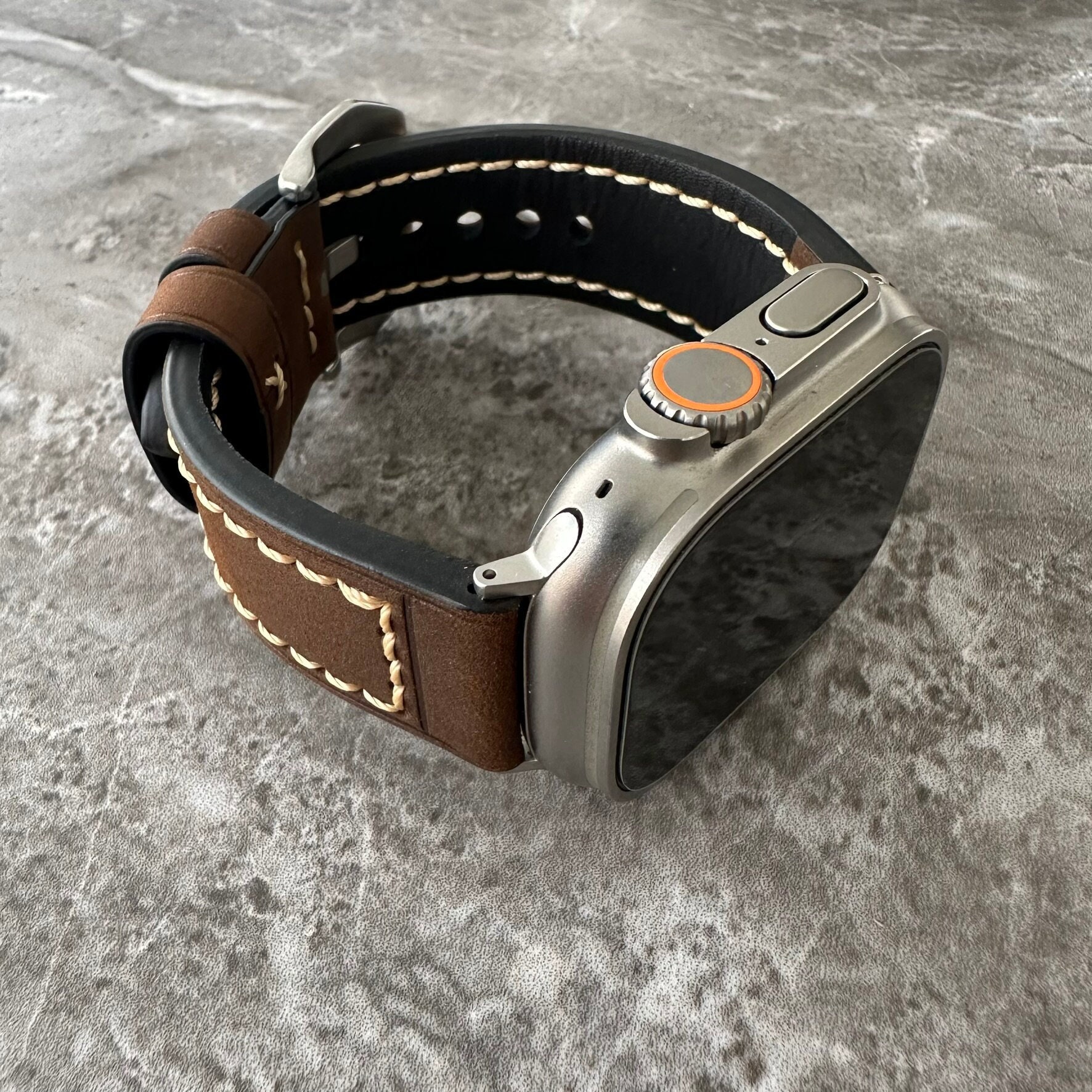 Engraved Brown Bull Leather Apple Watch Ultra Band 49mm