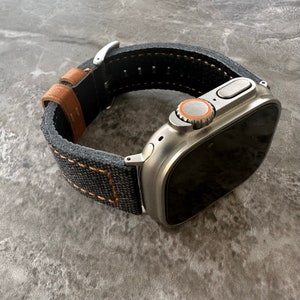 Personalised Custom Engraved Premium Quality Thick Black Canvas / Leather Watch Band With Orange Stitching For NEW Apple Watch Ultra 2 49mm