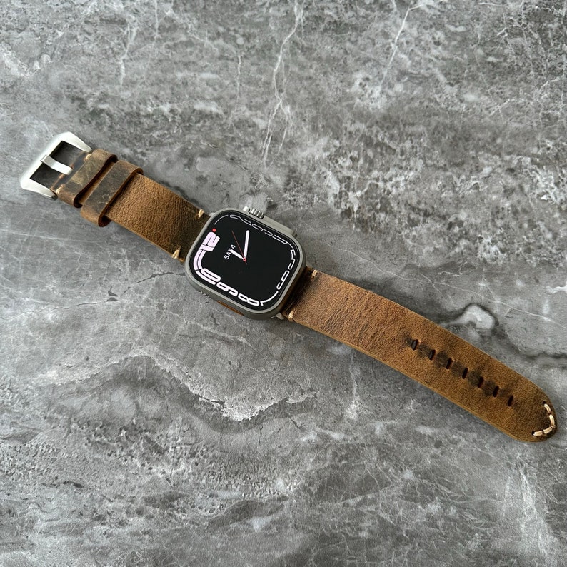 Premium Quality Thick Leather Rustic Brown Watch Strap Band For NEW Apple Watch Ultra 49mm with matching titanium adaptors. Stylish leather watch strap for your apple watch ultra. Apple watch ultra leather band.