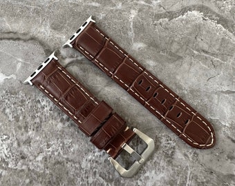 Engraved Brown Croc Grain Leather Apple Watch Ultra Band 49mm