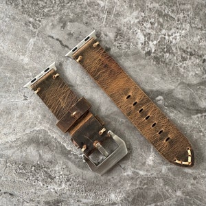 Premium Quality Thick Leather Rustic Brown Watch Strap Band For NEW Apple Watch Ultra 49mm with matching titanium adaptors. Stylish leather watch strap for your apple watch ultra. Apple watch ultra leather band.