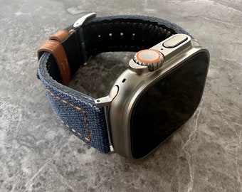 Engraved Blue Canvas Apple Watch Ultra Band: Leather Back, Orange Stitch