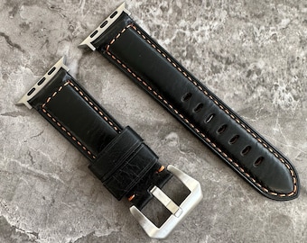 Engraved Black Leather Apple Watch ULTRA Band: Orange Stitching,