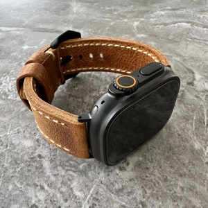 Engraved Vintage Brown Leather Watch Band for Apple Watch Ultra 49mm