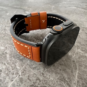 Quality Thick Dark Orange Leather Watch Strap Band For NEW Black Apple Watch Ultra Titanium 49mm Personalised Custom Engraved