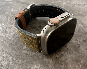 Premium Quality Thick Green Canvas / Leather Watch Band With Orange Stitching For NEW Apple Watch Ultra 2 49mm