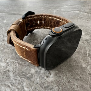 Personalised Custom Engraved  Premium Quality Thick Leather Rustic Brown Watch Strap Band For New Black Apple Watch Ultra Titanium 49mm