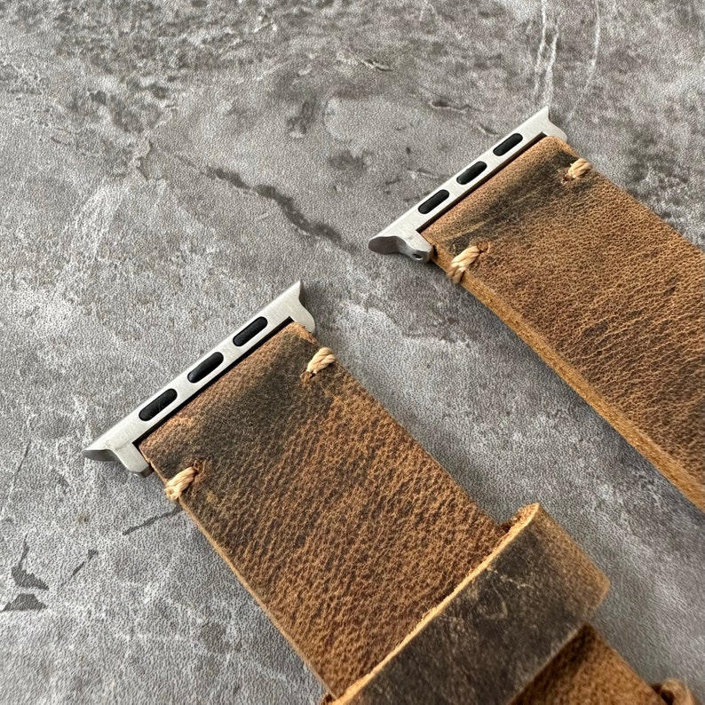 Premium Quality Thick Leather Rustic Brown Watch Strap Band For NEW Apple Watch Ultra 49mm with matching titanium adaptors. Stylish leather watch strap for your apple watch ultra. Apple watch ultra leather band.