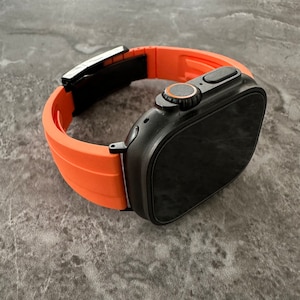 Personalised Custom Engraved Rolex Style Orange Silicone Rubber OYSTERFLEX Watch Strap Band For New Black Apple Watch Ultra Titanium 49mm