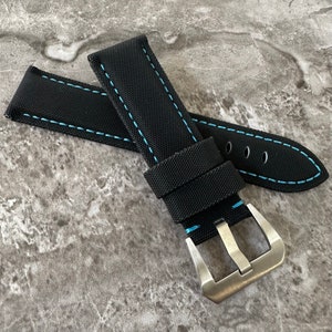 Personalized Black Nylon Watch Strap: Blue Stitching, 24mm Lug, Panerai Style